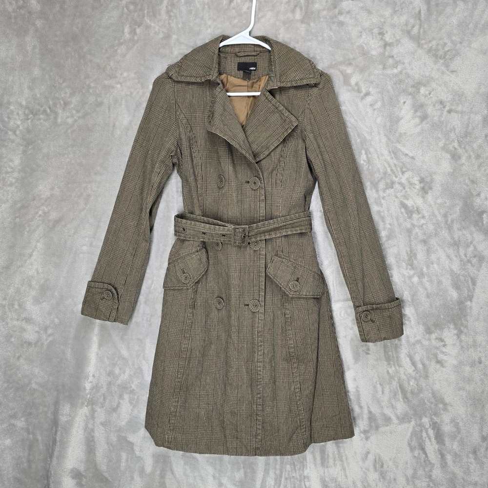 H&M Plaid‎ Womens Sz 4 Trench Coat Brown Belted Double Breasted Casual Outerwear